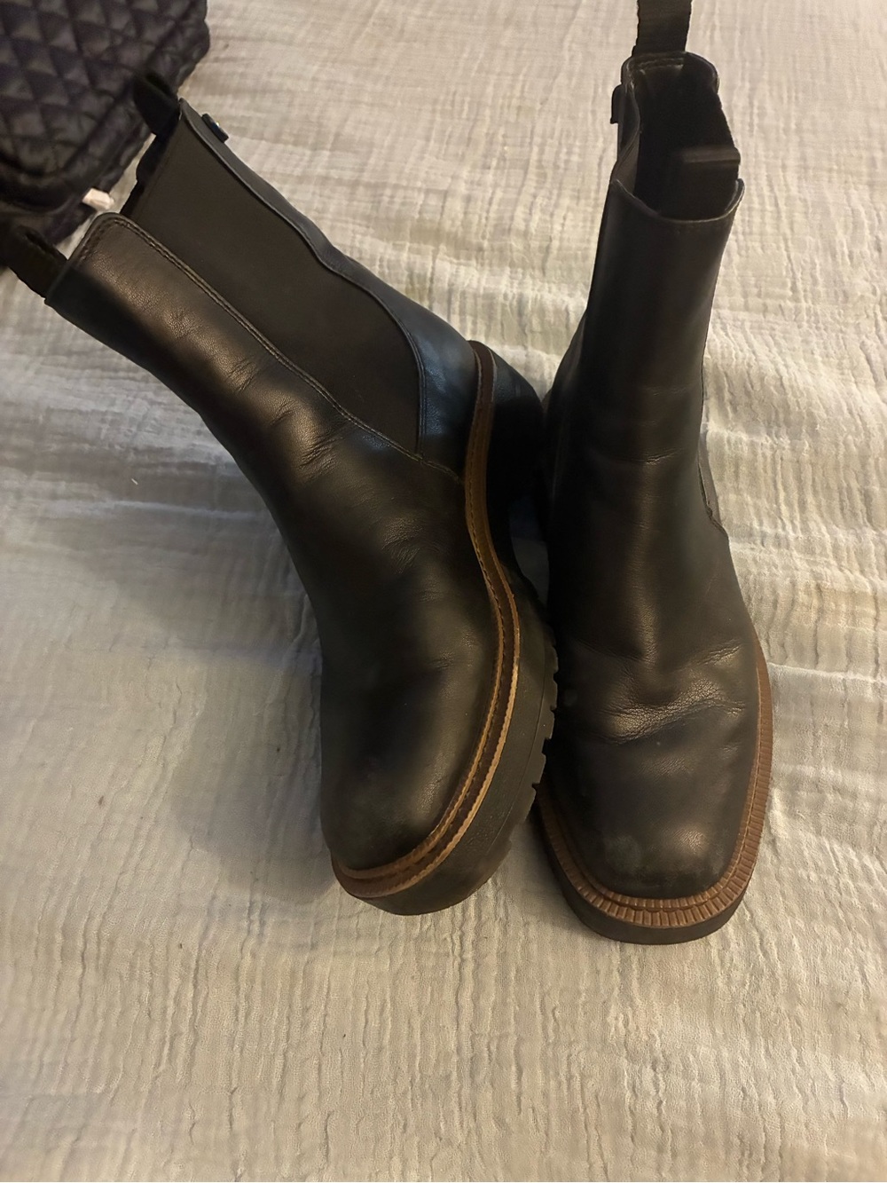 Sam Edelman Black Leather Chelsea Boots with Brown Trim
